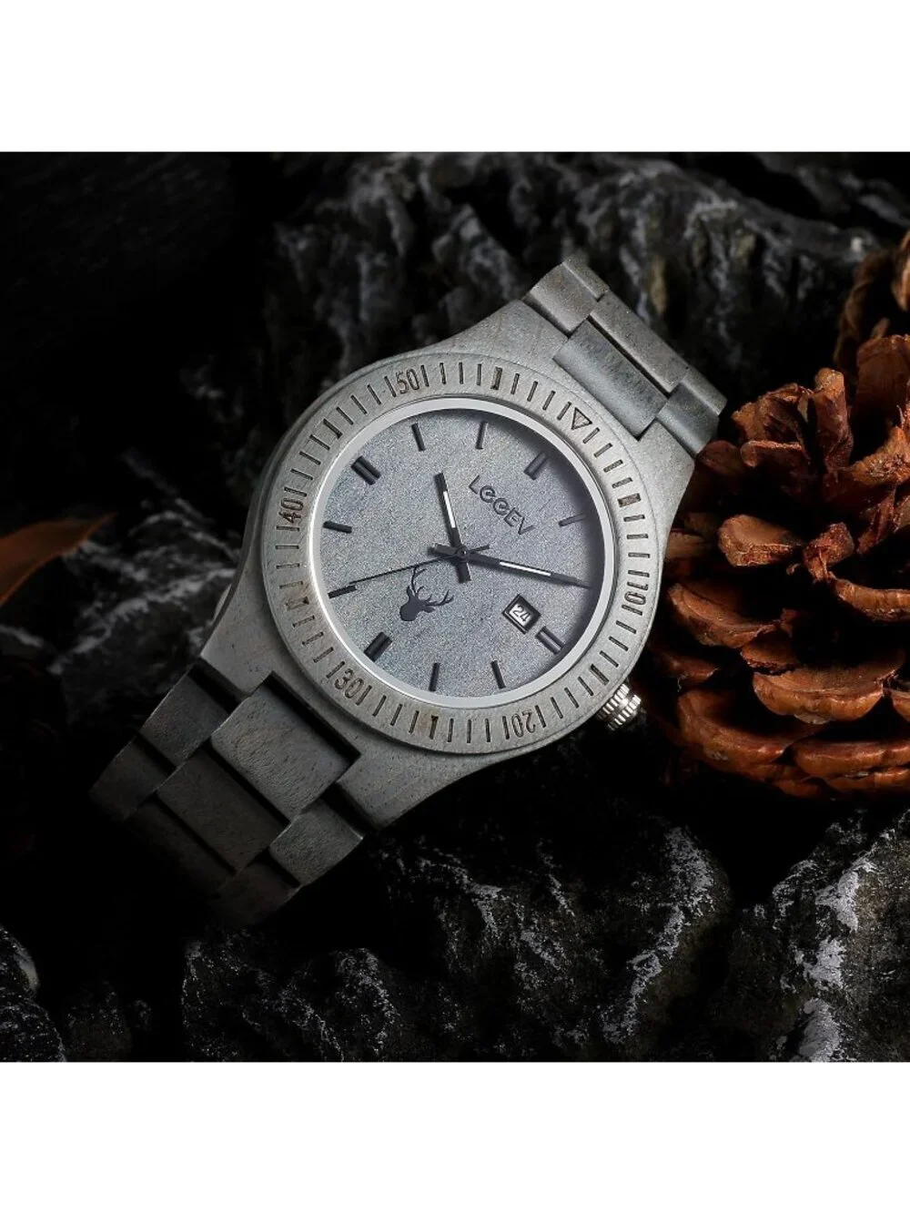 Men's Grey Sandalwood Japanese Quartz Analog Unisex Round Wrist Wooden Watch
